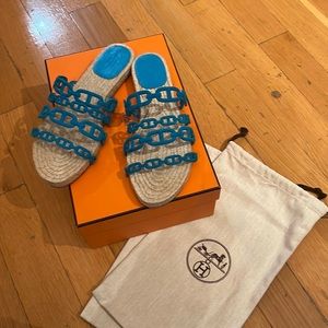 Hermes ancone velvet goatskin women’s espadrille. Turquoise. Size 40.